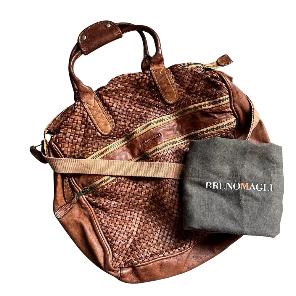Bruno Magli Brown Woven Leather Duffle Satchel Travel Bag Made Italy Y2K